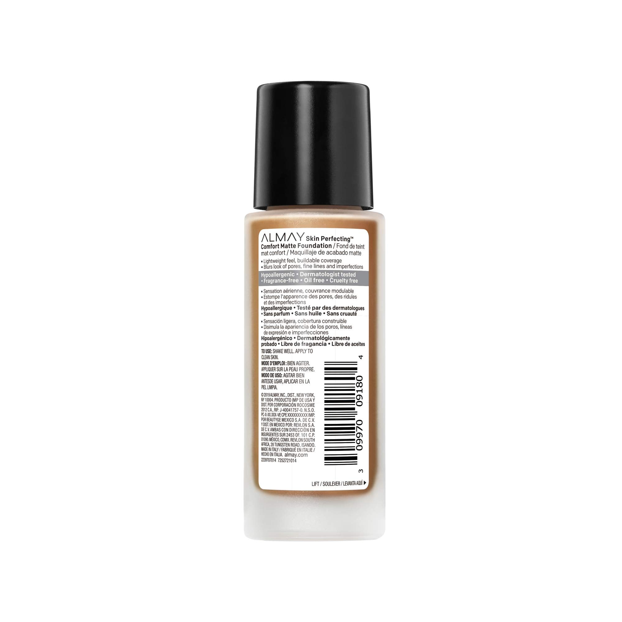 Almay Skin Perfecting Comfort Matte Foundation, Hypoallergenic, Cruelty Free, -Fragrance Free, Dermatologist Tested Liquid Makeup, Warm Caramel, 1 Fluid Ounce